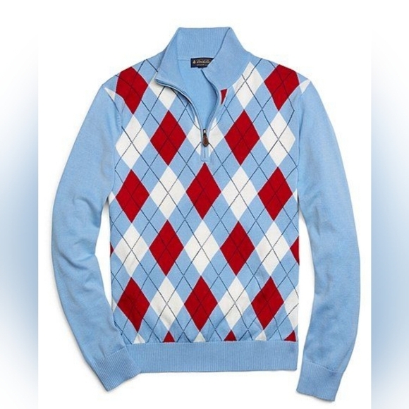 Brooks Brothers Sweater L Men Blue Red Argyle 1/4 Zip Cotton Mint Supima Cotton - Picture 10 of 11